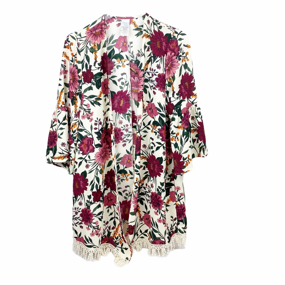 Time & Tru Floral Maroon Kimono Cover Up One Size - Picture 1 of 5